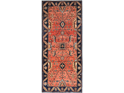 Heriz Tribal & Geometric hand-knotted wool runner in Red & Midnight Blue, 4' x 9'3" — SKU O01642
