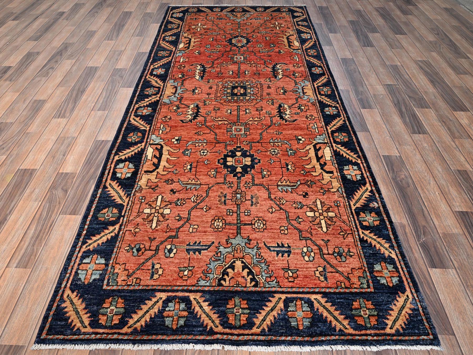 Heriz Tribal & Geometric hand-knotted wool runner in Red & Midnight Blue, 4' x 9'3" — SKU O01642 (view 2)