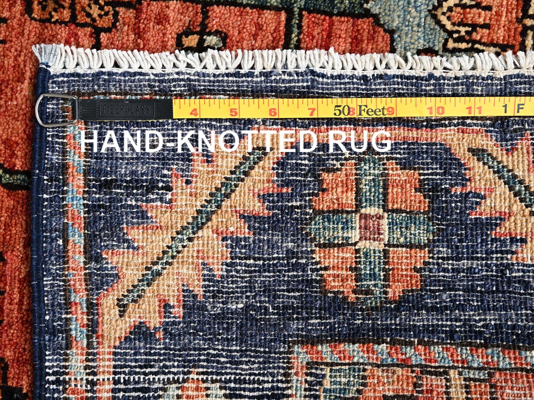 Heriz Tribal & Geometric hand-knotted wool runner in Red & Midnight Blue, 4' x 9'3" — SKU O01642 (view 7)
