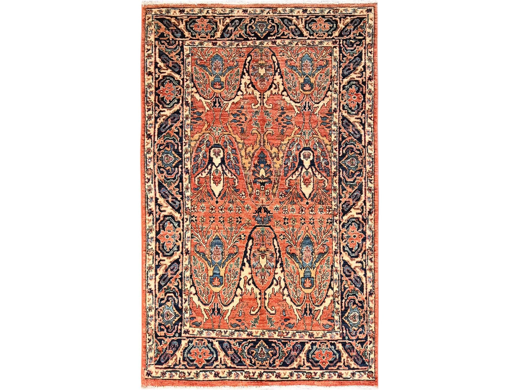 Tribal & Geometric hand-knotted wool rug in Orange & Midnight Blue, 3'11" x 6'7" — SKU O01645