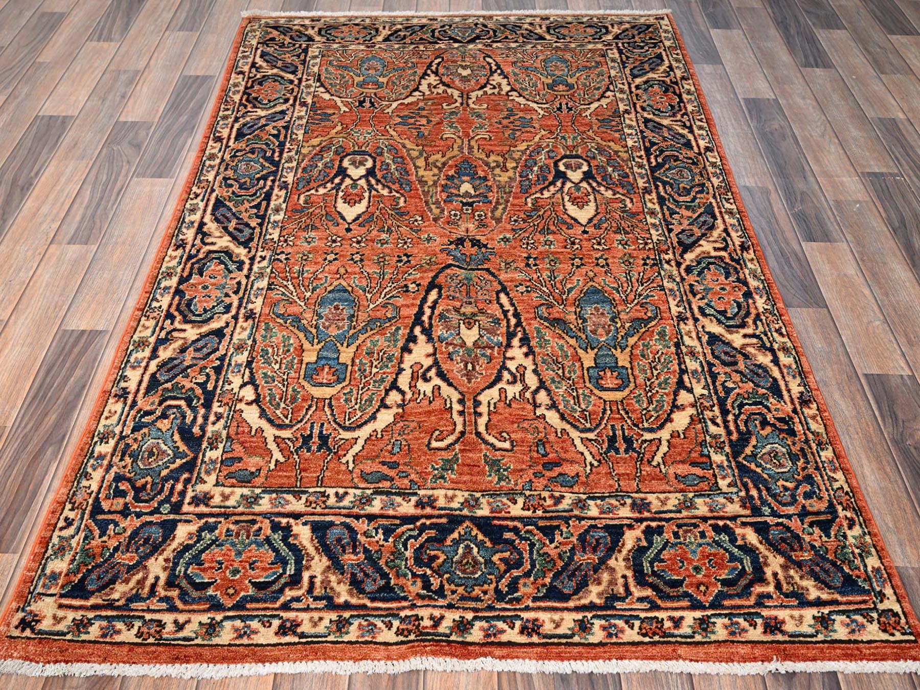 Tribal & Geometric hand-knotted wool rug in Orange & Midnight Blue, 3'11" x 6'7" — SKU O01645 (view 2)