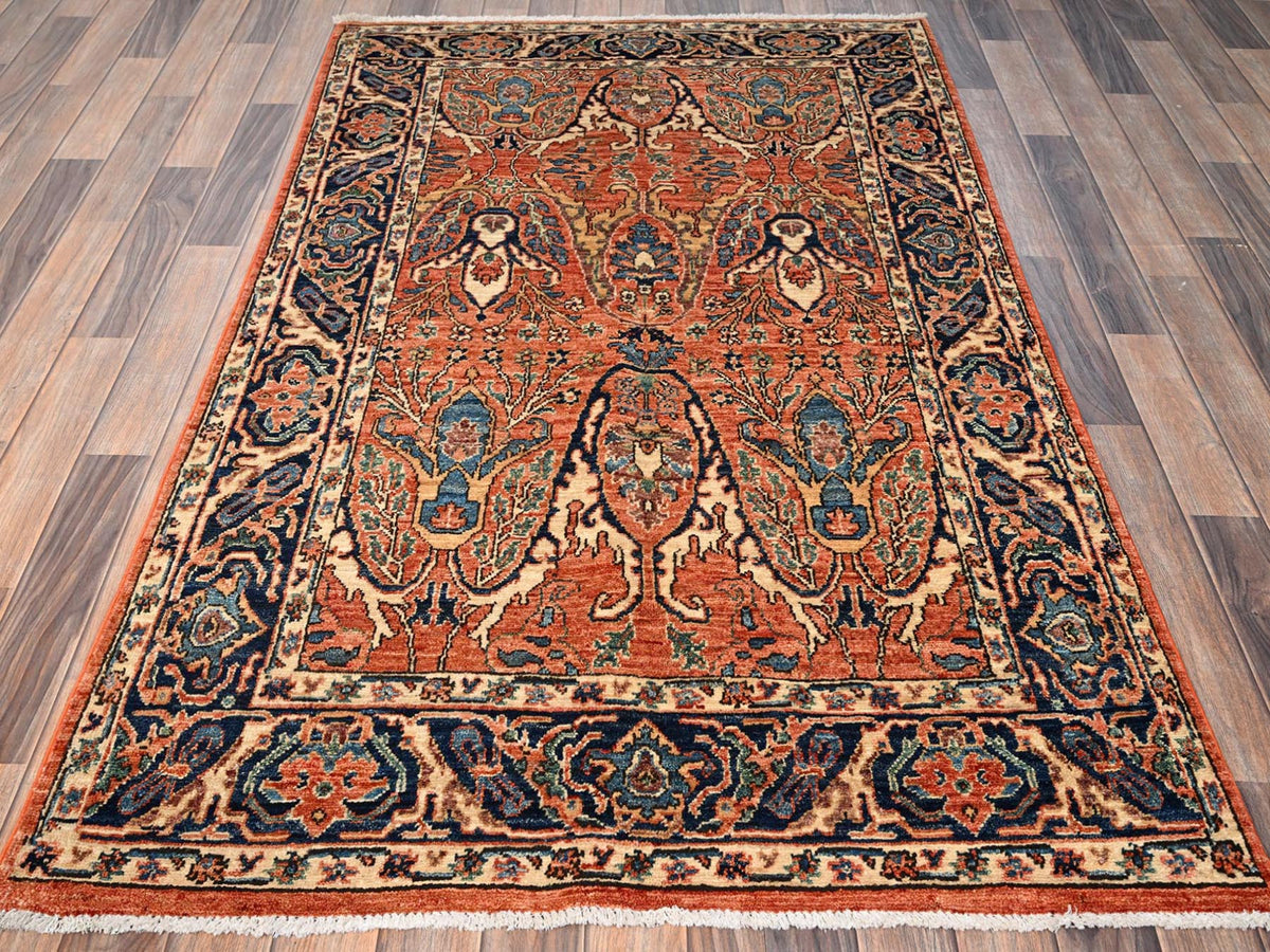Tribal & Geometric hand-knotted wool rug in Orange & Midnight Blue, 3'11" x 6'7" — SKU O01645 (view 2)