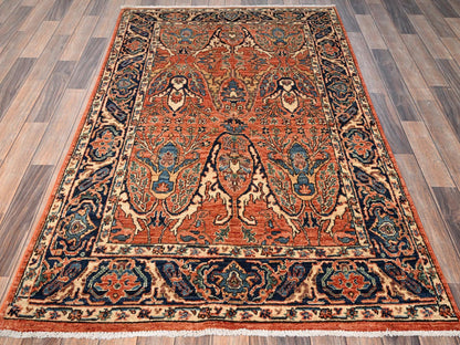 Tribal & Geometric hand-knotted wool rug in Orange & Midnight Blue, 3'11" x 6'7" — SKU O01645 (view 2)