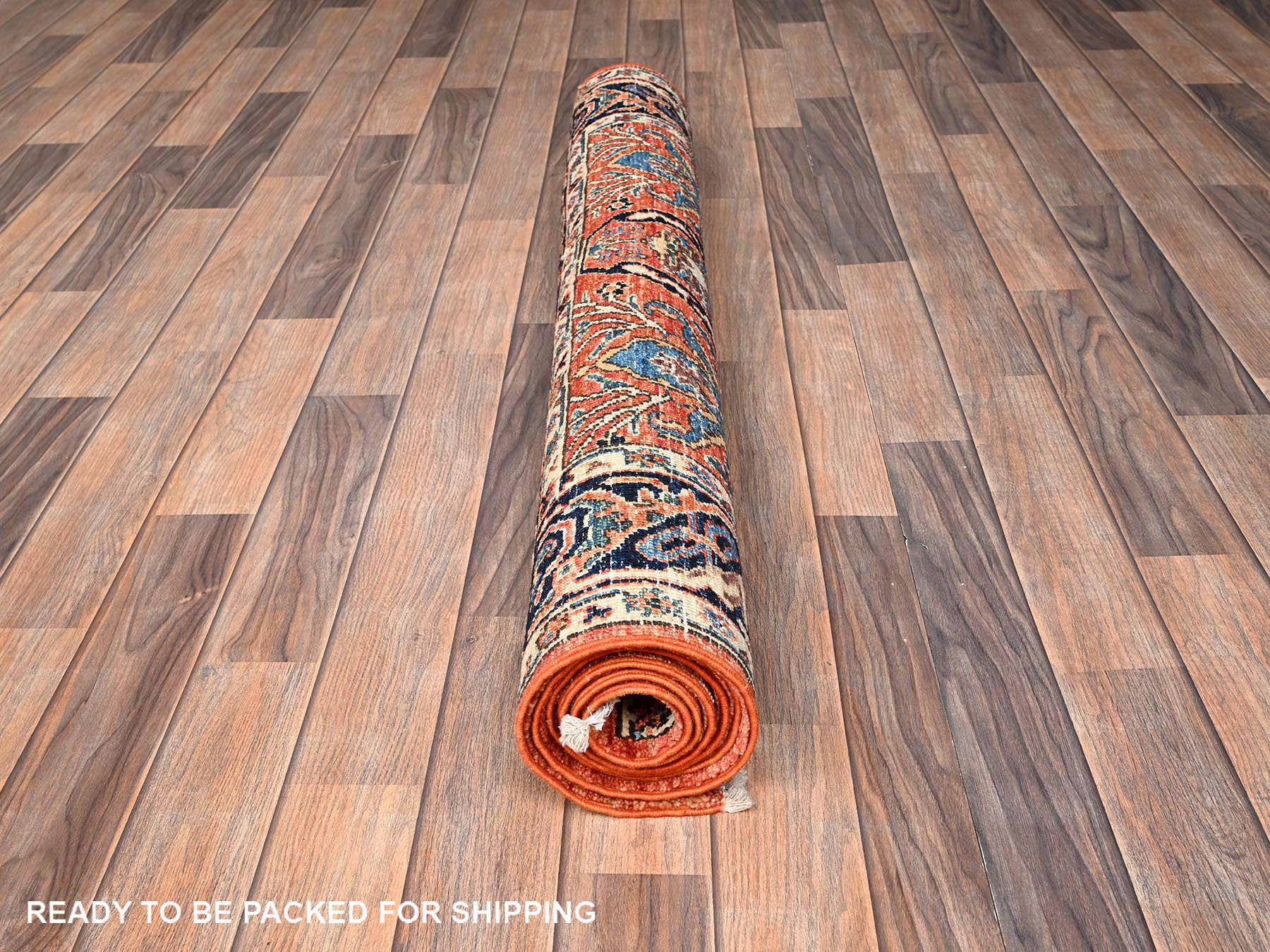 Tribal & Geometric hand-knotted wool rug in Orange & Midnight Blue, 3'11" x 6'7" — SKU O01645 (view 5)