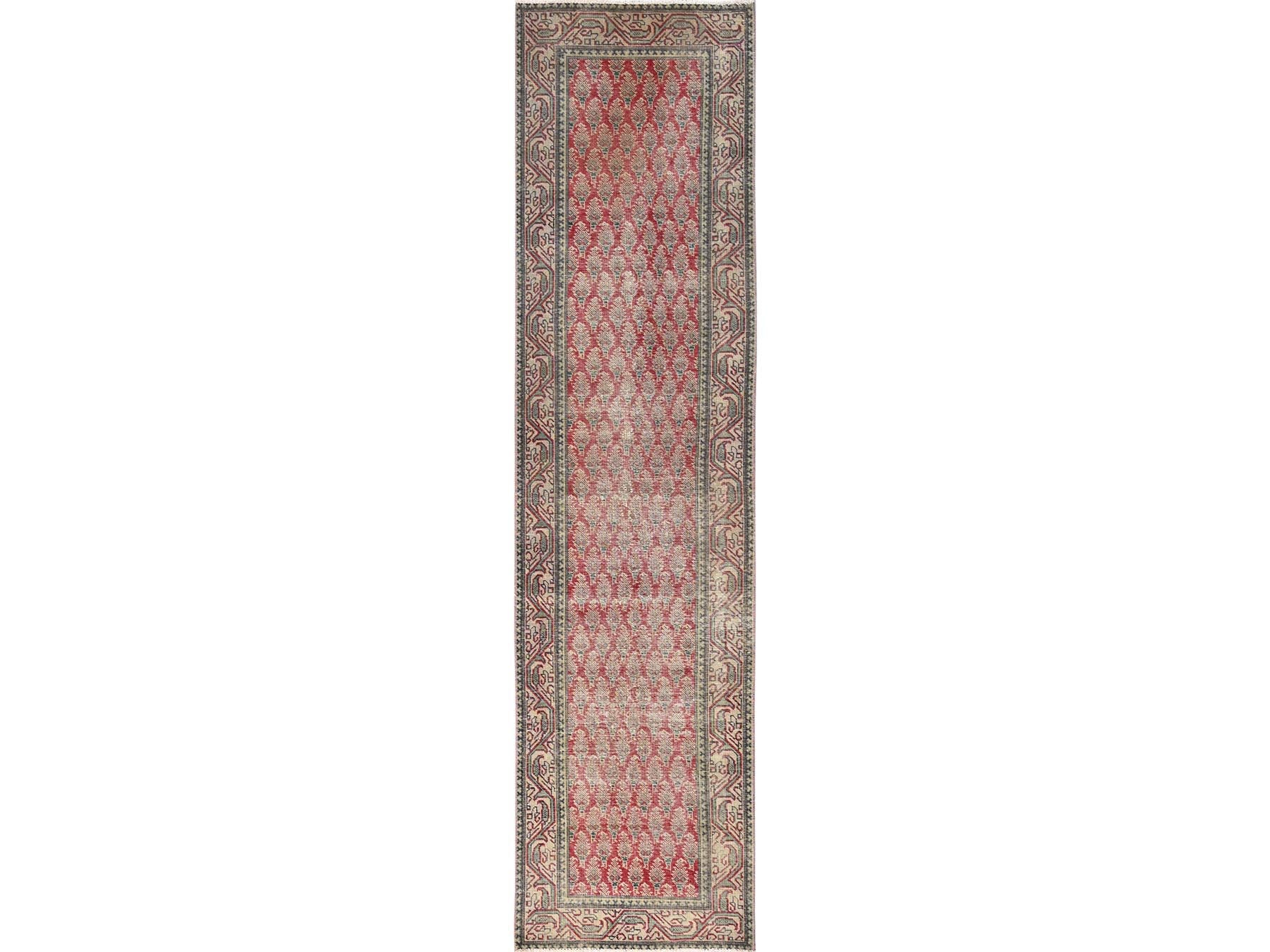 Tabriz Vintage hand-knotted wool runner in Red & Beige, 2'11" x 12'8" — SKU O01667