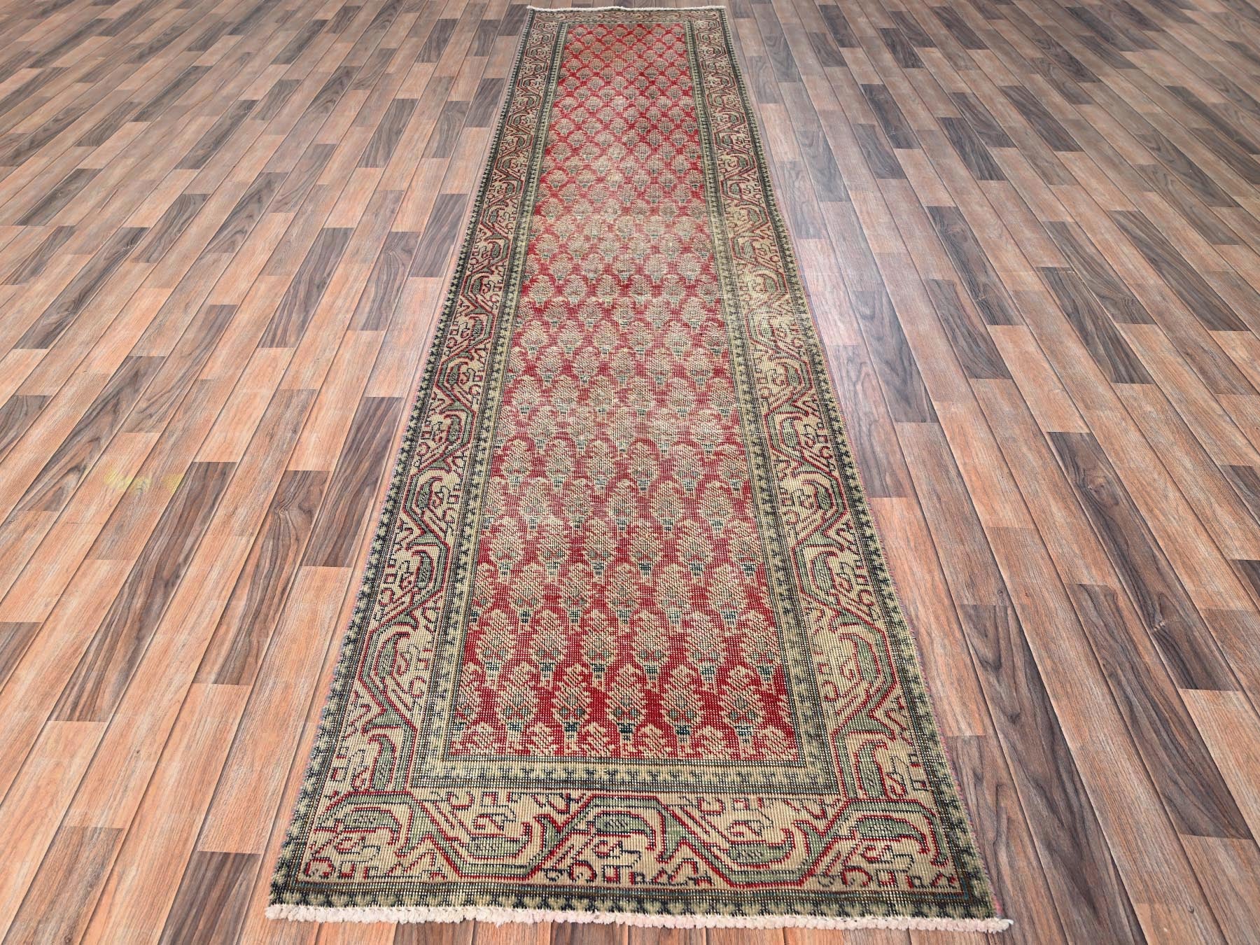 Tabriz Vintage hand-knotted wool runner in Red & Beige, 2'11" x 12'8" — SKU O01667 (view 2)