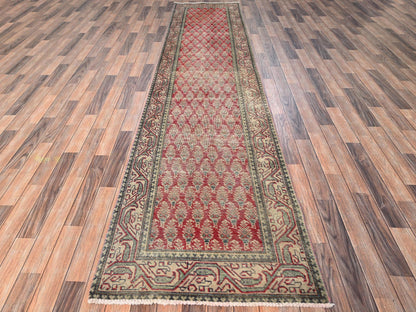 Tabriz Vintage hand-knotted wool runner in Red & Beige, 2'11" x 12'8" — SKU O01667 (view 2)