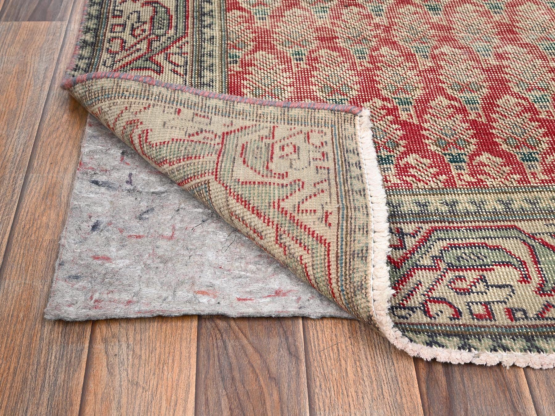 Tabriz Vintage hand-knotted wool runner in Red & Beige, 2'11" x 12'8" — SKU O01667 (view 3)