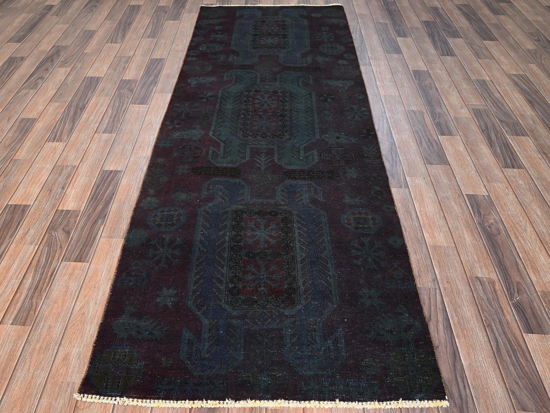 Vintage hand-knotted wool runner in Overdyed, 3'2" x 8'6" — SKU O01668 (view 2)