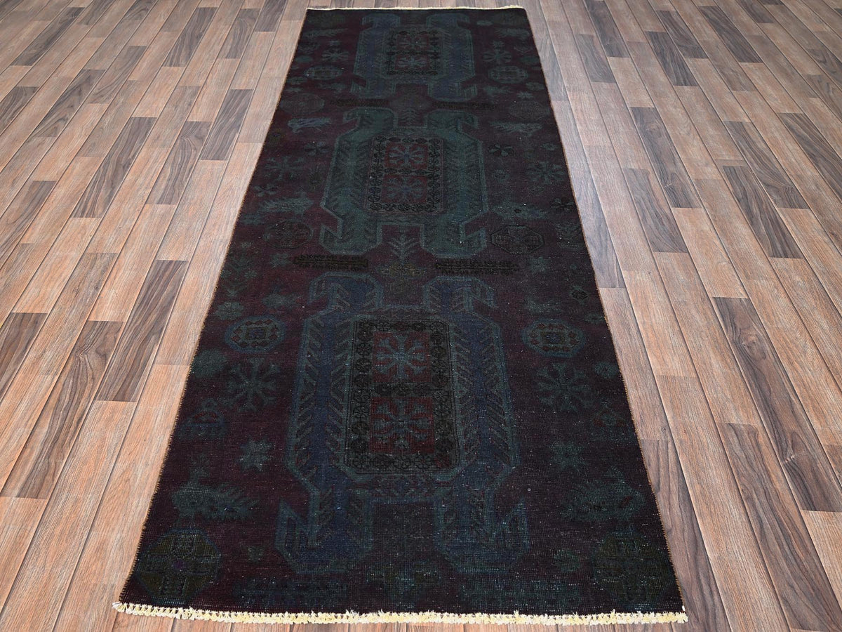 Vintage hand-knotted wool runner in Overdyed, 3'2" x 8'6" — SKU O01668 (view 2)