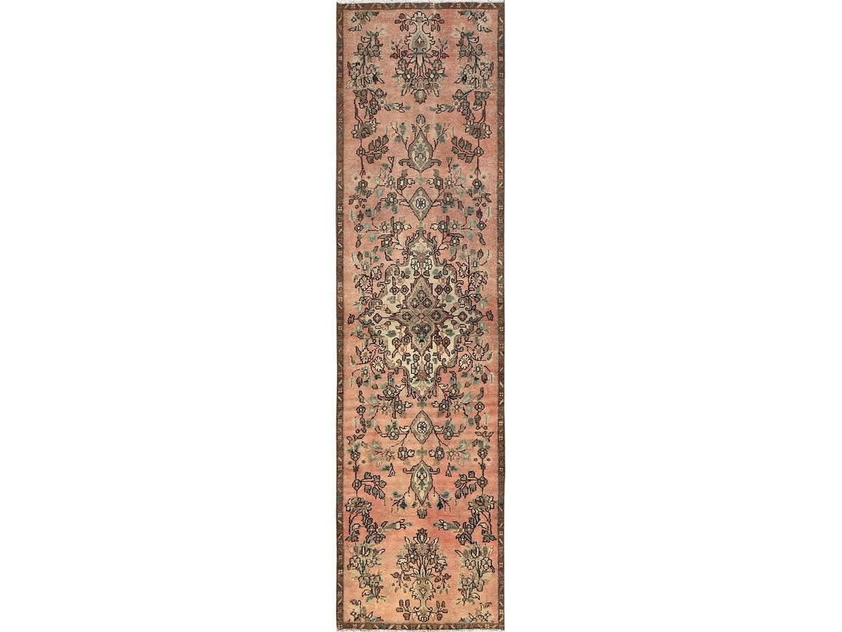 Vintage hand-knotted wool runner in Pink & Brown, 2'9" x 8'8" — SKU O01687