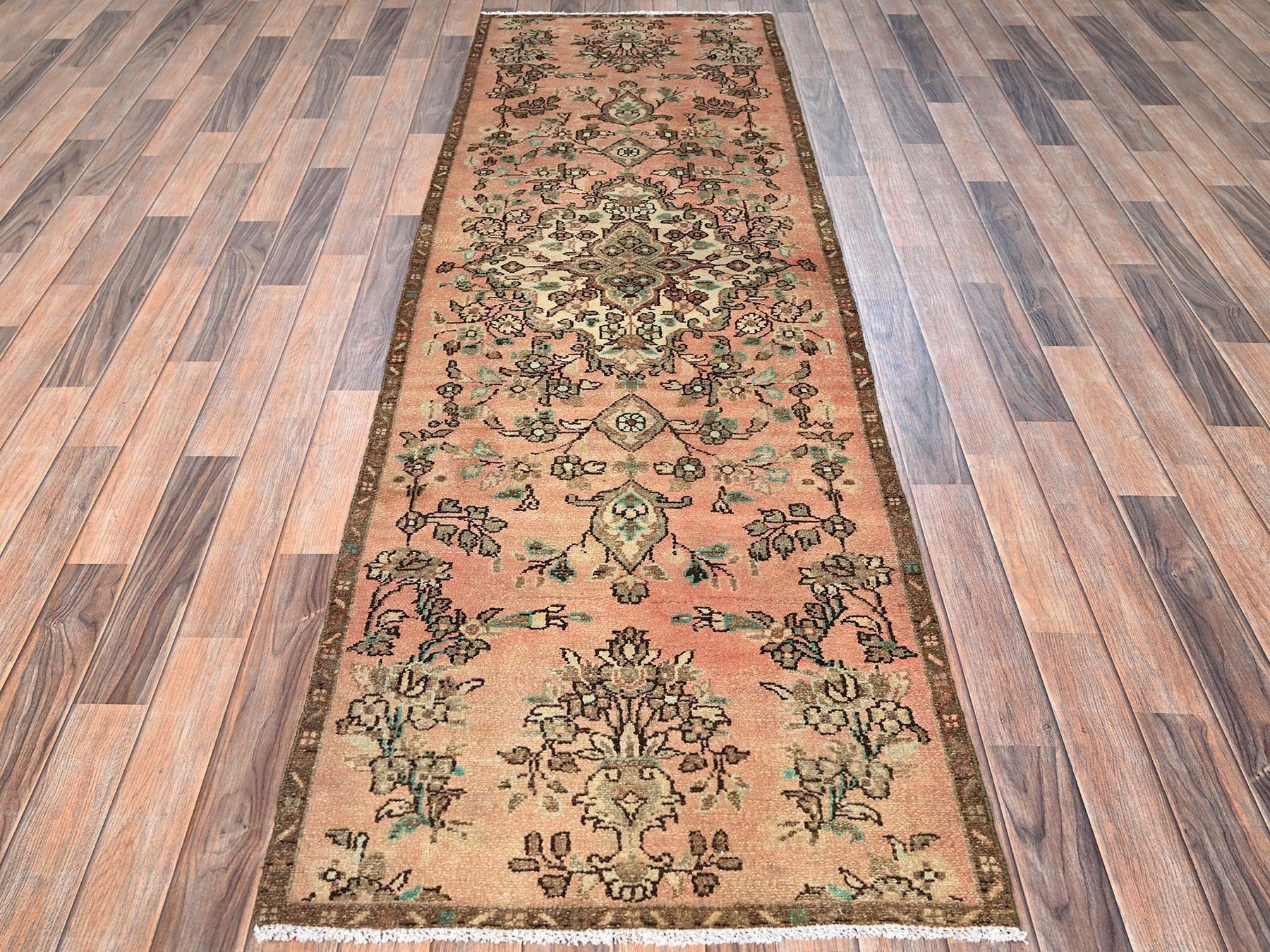 Vintage hand-knotted wool runner in Pink & Brown, 2'9" x 8'8" — SKU O01687 (view 2)