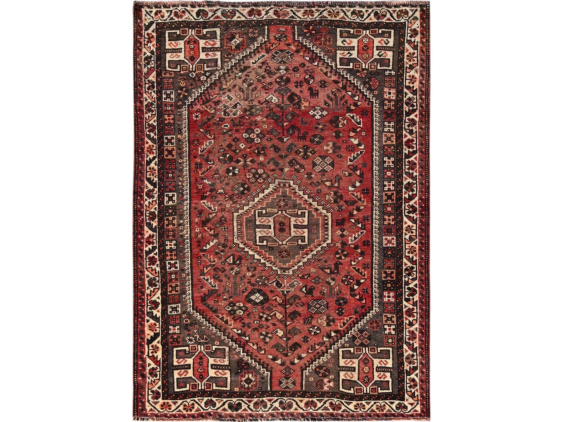 Shiraz Vintage hand-knotted wool rug in Red & Ivory, 5'3" x 7'7" — SKU O01703
