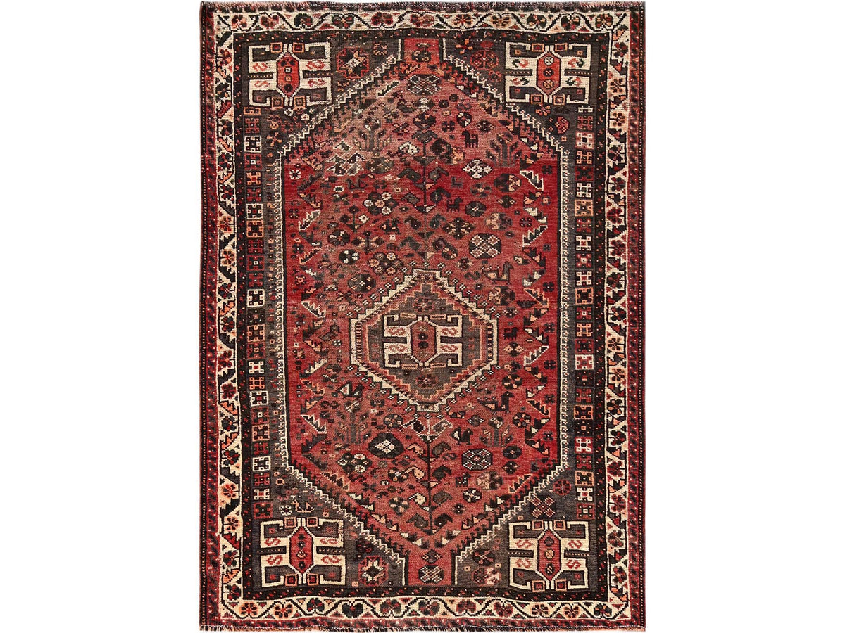 Shiraz Vintage hand-knotted wool rug in Red & Ivory, 5'3" x 7'7" — SKU O01703