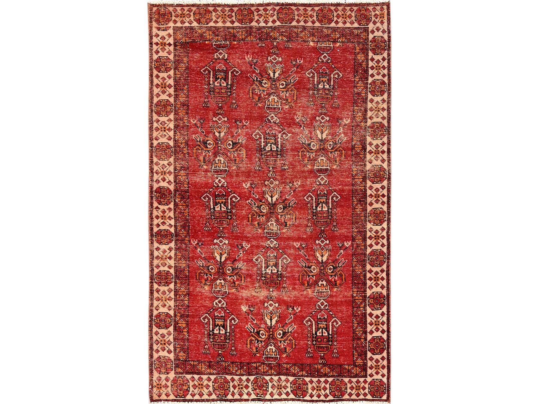 Shiraz Vintage hand-knotted wool rug in Red & Ivory, 3'8" x 6' — SKU O01705