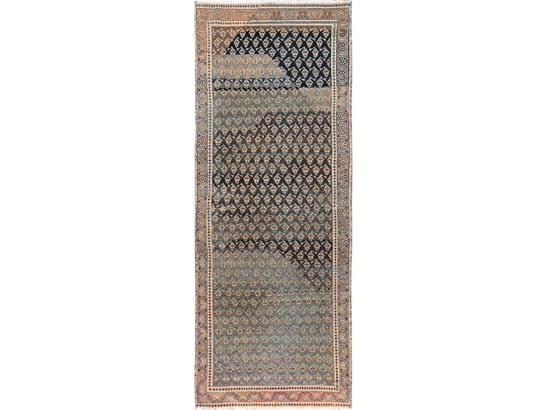 Vintage hand-knotted wool runner in Green & Red, 3' x 8'6" — SKU O01720