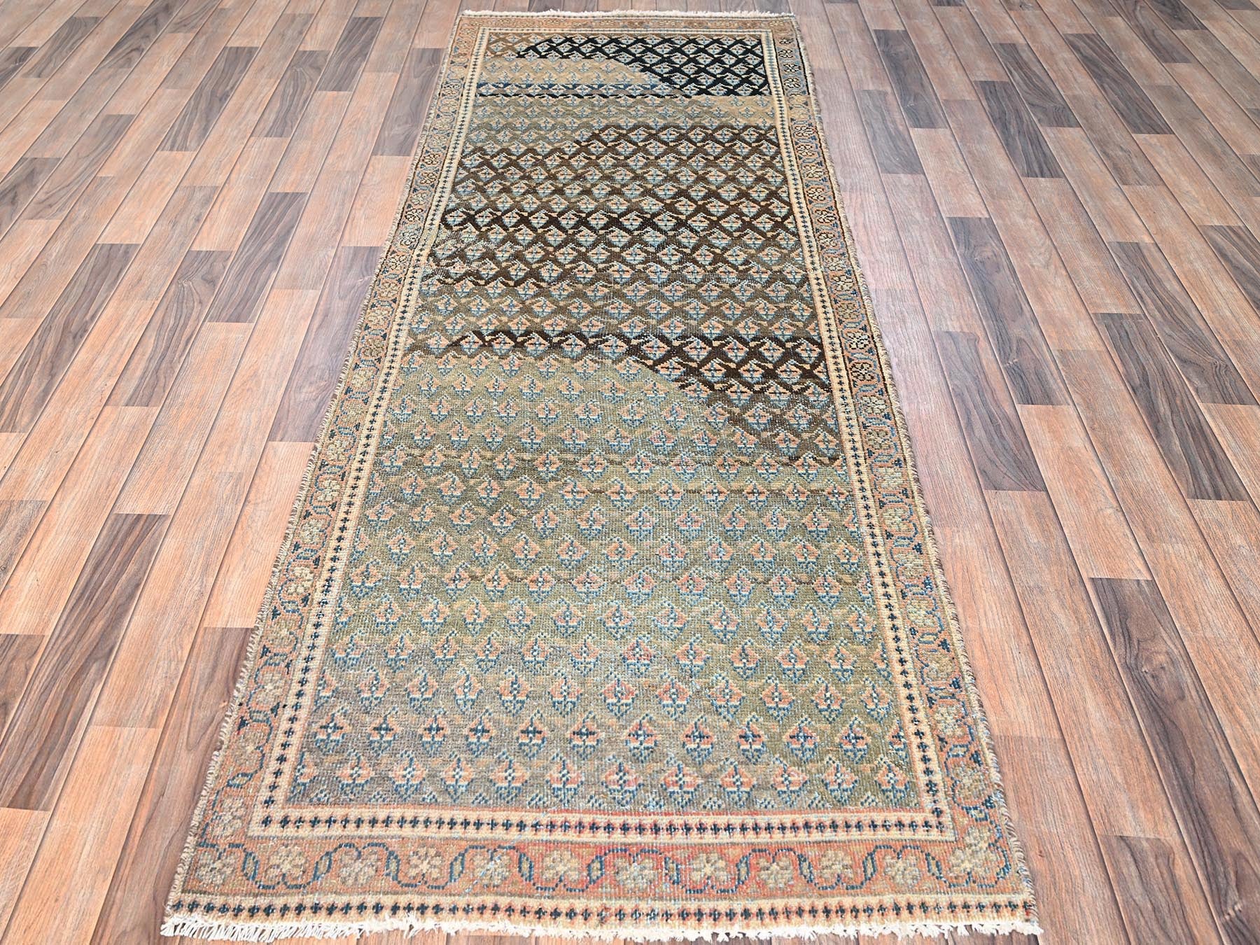 Vintage hand-knotted wool runner in Green & Red, 3' x 8'6" — SKU O01720 (view 2)