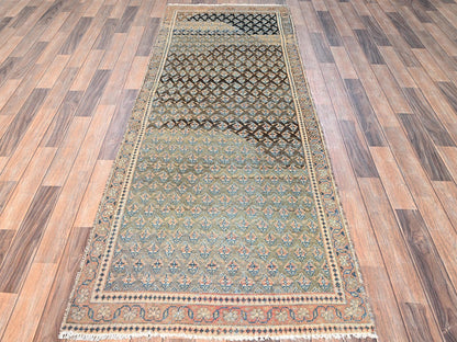 Vintage hand-knotted wool runner in Green & Red, 3' x 8'6" — SKU O01720 (view 2)
