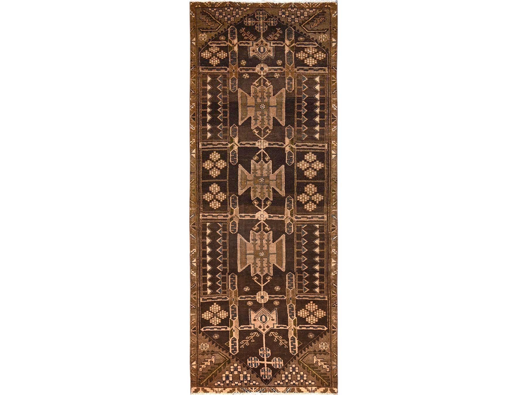 Brown 3'5" x 9'3" Vintage Hand knotted Wool Rug - Sku: O01724