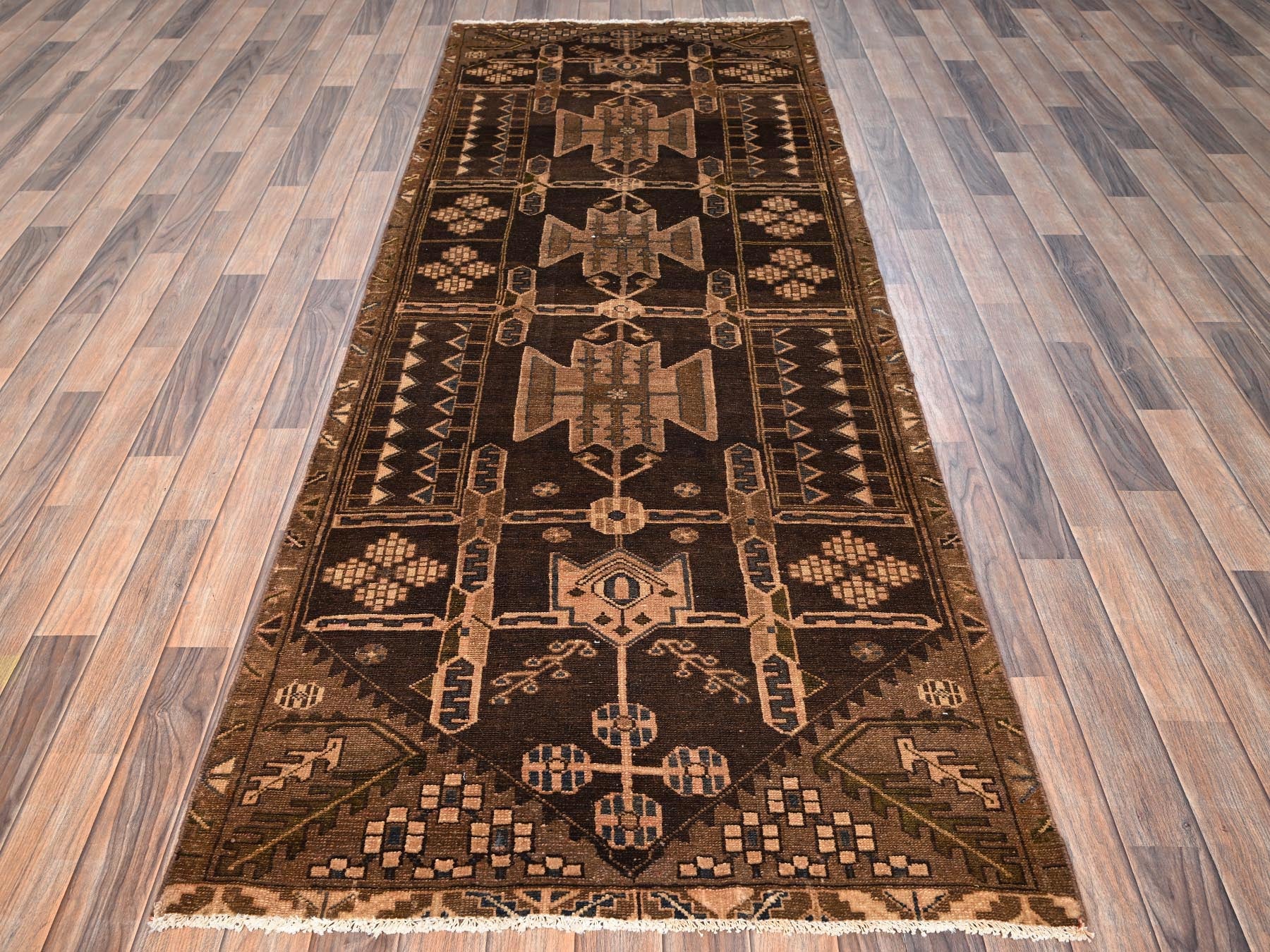 Brown 3'5" x 9'3" Vintage Hand knotted Wool Rug - Sku: O01724