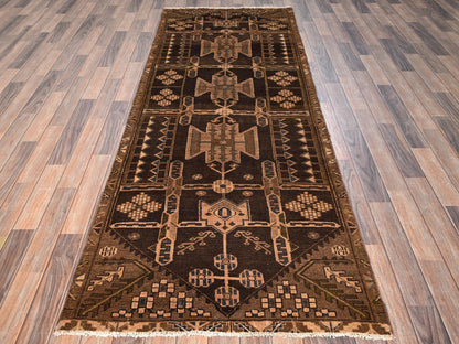 Brown 3'5" x 9'3" Vintage Hand knotted Wool Rug - Sku: O01724