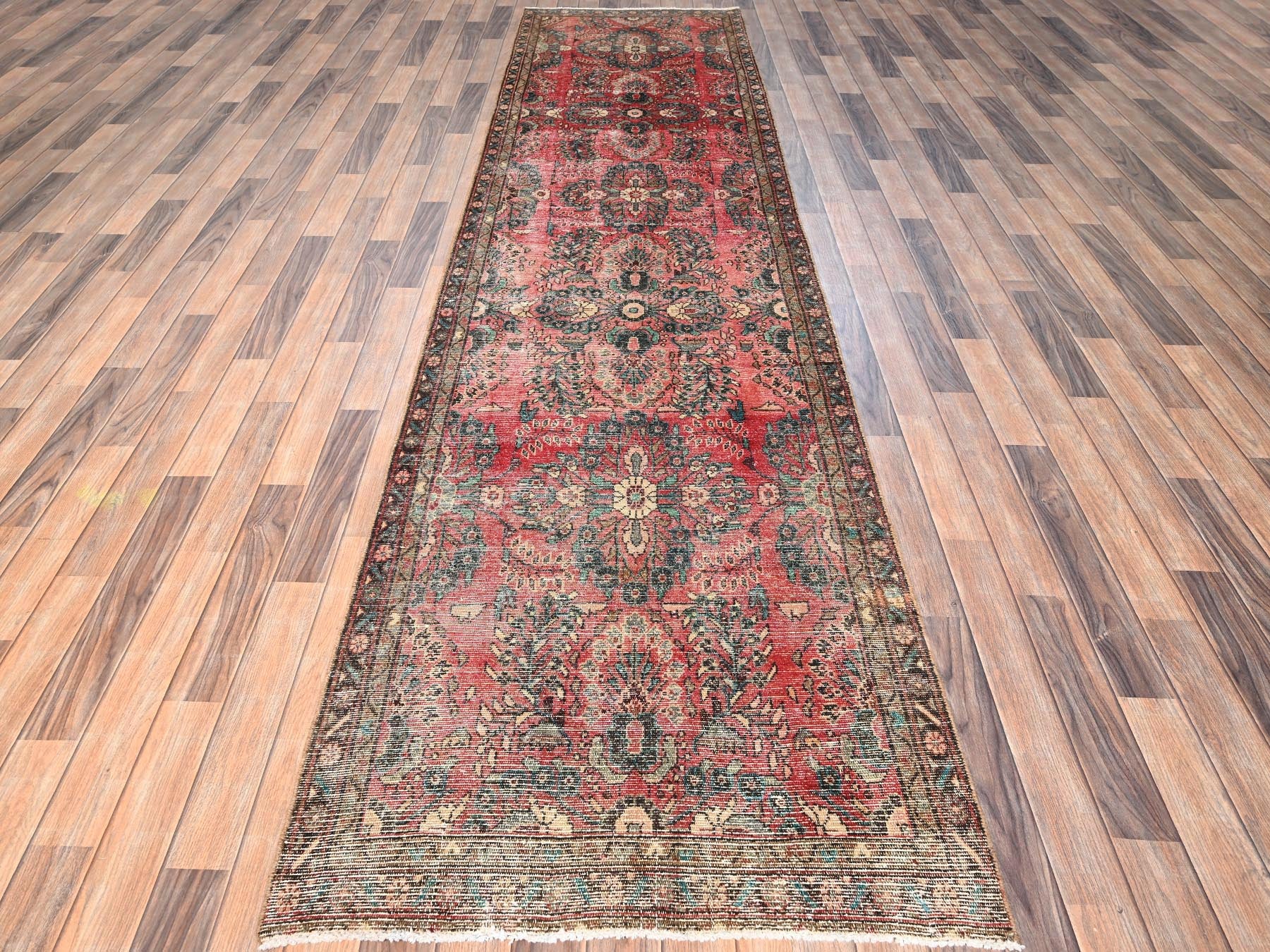 Vintage hand-knotted wool runner in Red & Brown, 3'3" x 13' — SKU O01725 (view 2)