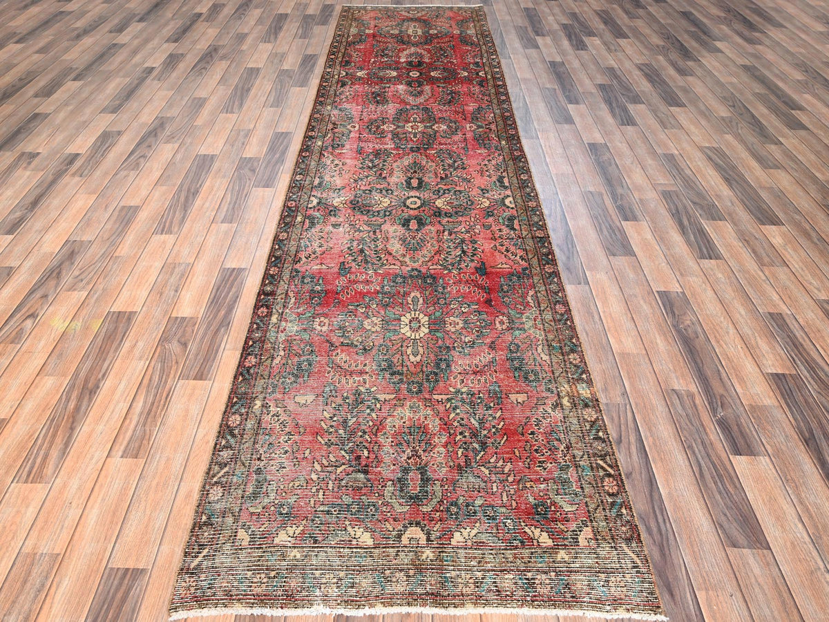 Vintage hand-knotted wool runner in Red & Brown, 3'3" x 13' — SKU O01725 (view 2)