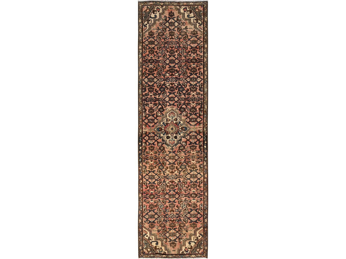 Vintage hand-knotted wool runner in Pink & Brown, 2'7" x 10'3" — SKU O01747