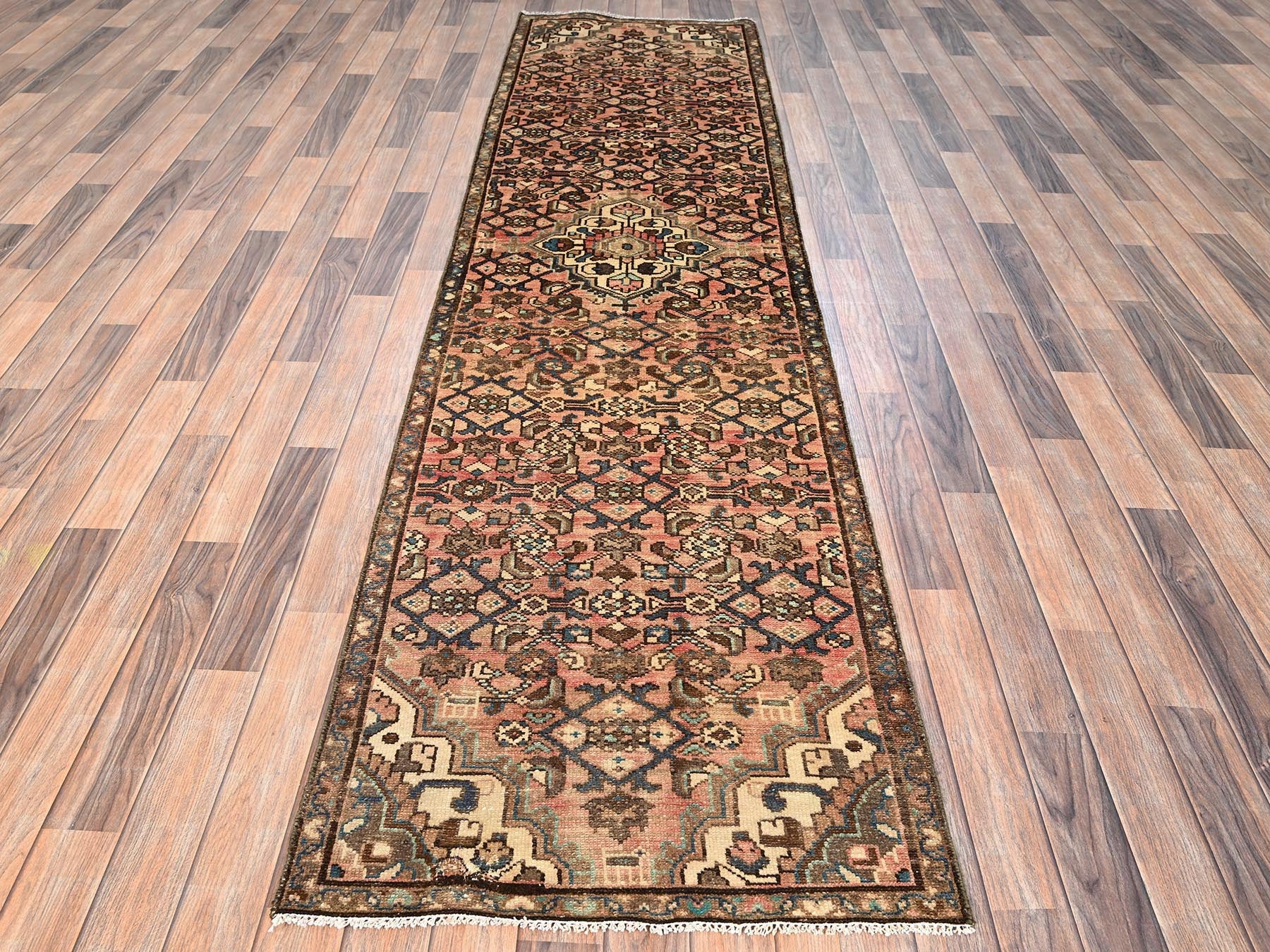 Vintage hand-knotted wool runner in Pink & Brown, 2'7" x 10'3" — SKU O01747 (view 2)