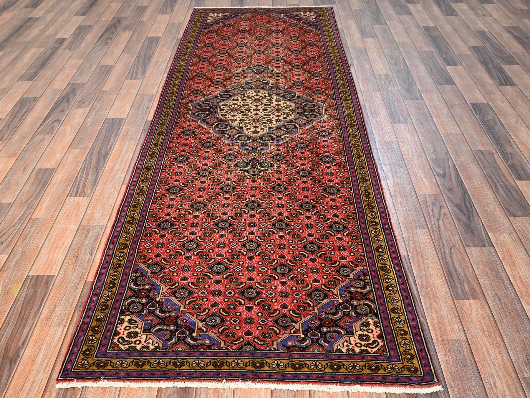 Hamadan Vintage hand-knotted wool runner in Red & Yellow, 3'2" x 9'2" — SKU O01748 (view 2)