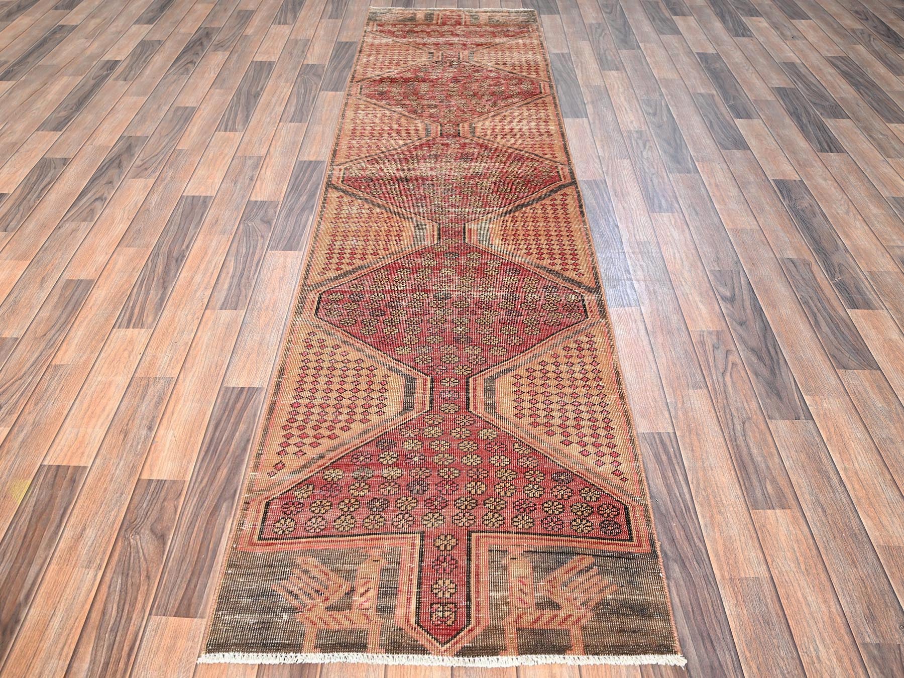 Vintage hand-knotted wool runner in Red, 2'5" x 9'5" — SKU O01752 (view 2)
