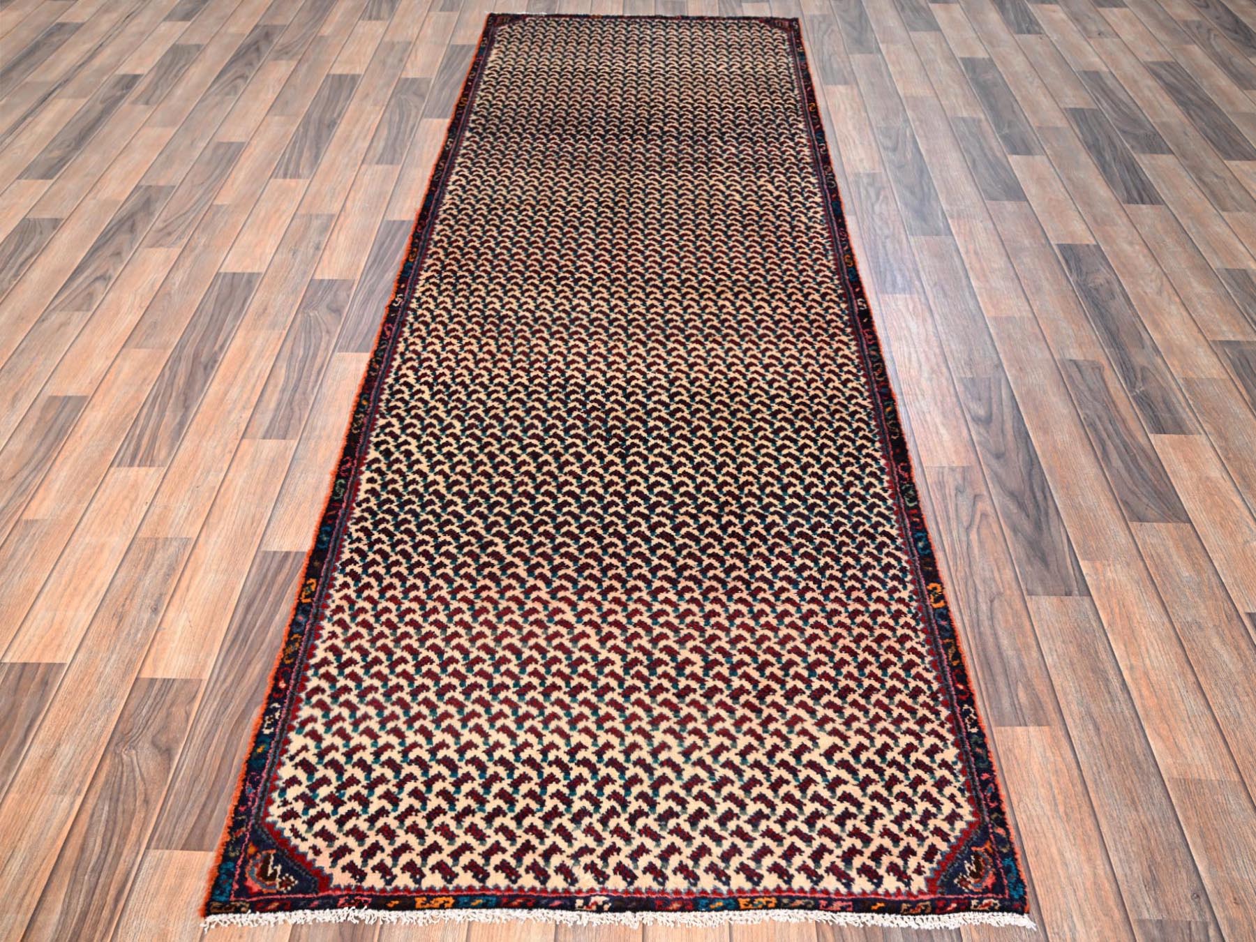 Hamadan Vintage hand-knotted wool runner in Ivory & Navy Blue, 3' x 8'10" — SKU O01753 (view 2)