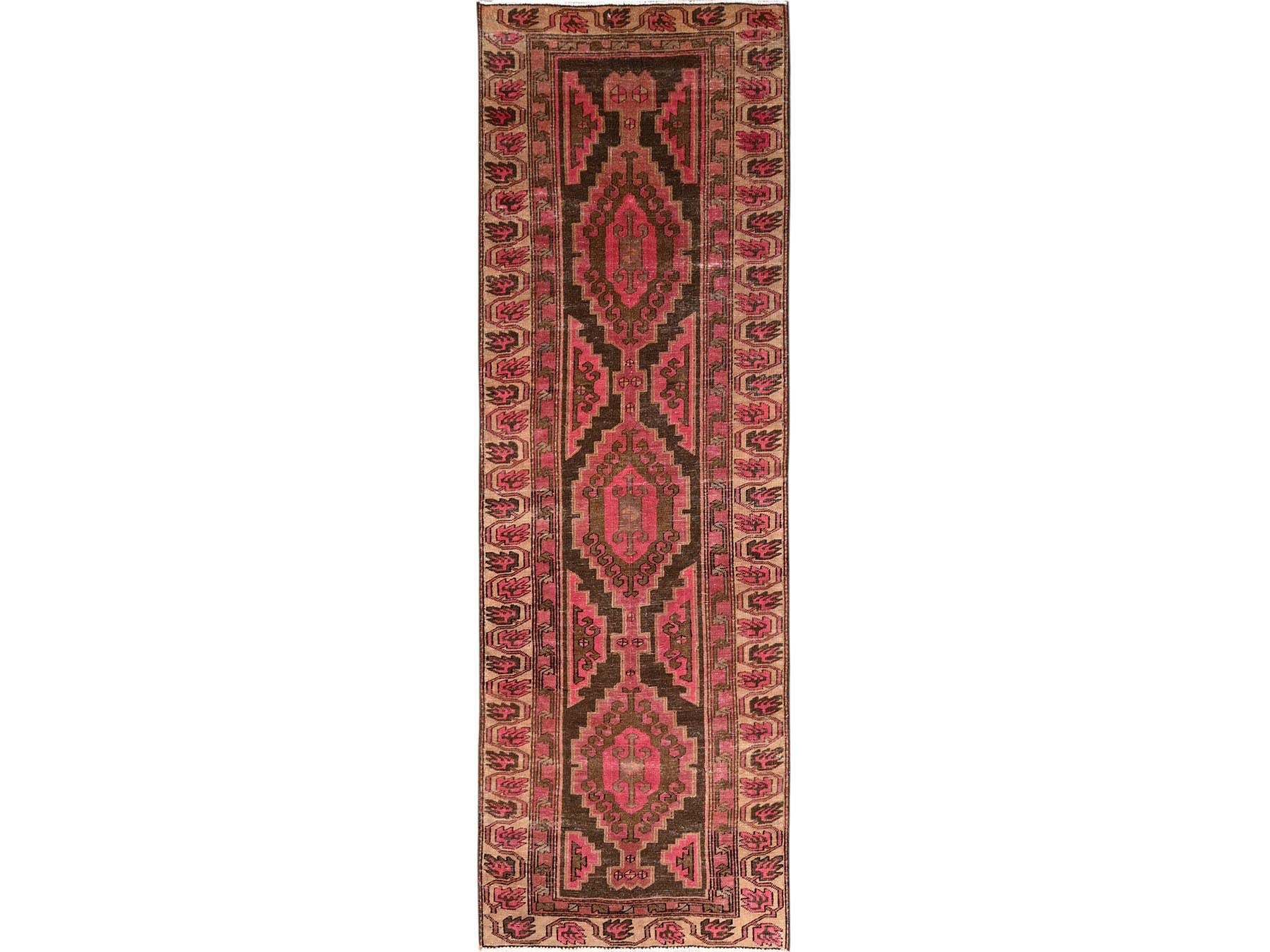 Brown 3'1" x 10'0" Vintage Hand knotted Wool Rug - Sku: O01758