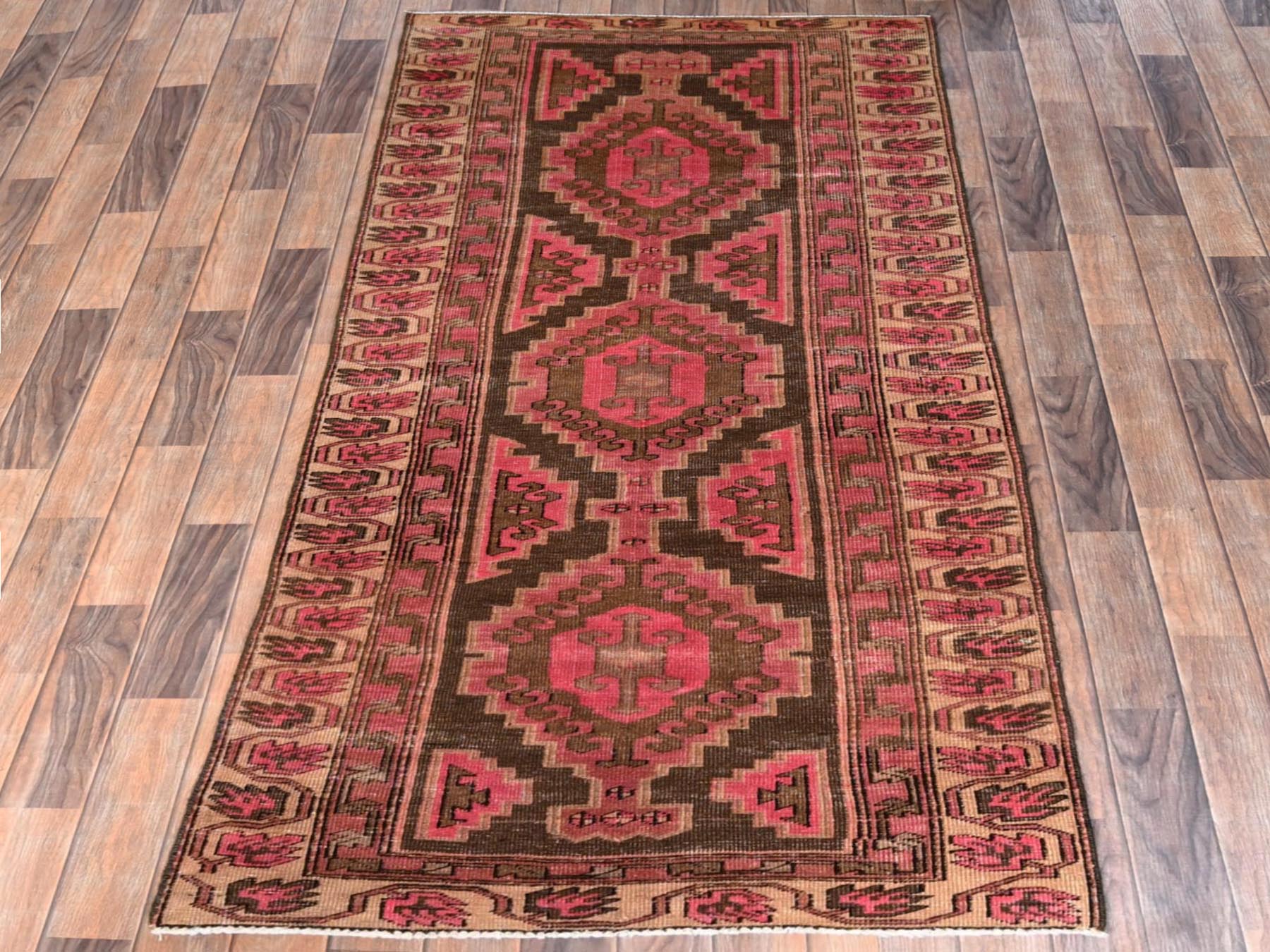 Brown 3'1" x 10'0" Vintage Hand knotted Wool Rug - Sku: O01758