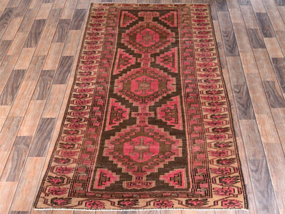 Brown 3'1" x 10'0" Vintage Hand knotted Wool Rug - Sku: O01758