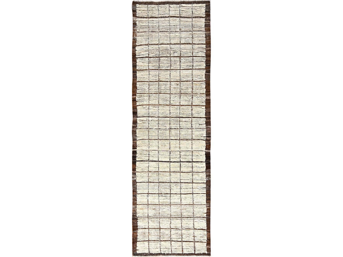 Tribal & Geometric hand-knotted wool runner in Ivory & Brown, 2'8" x 9'6" — SKU O01770