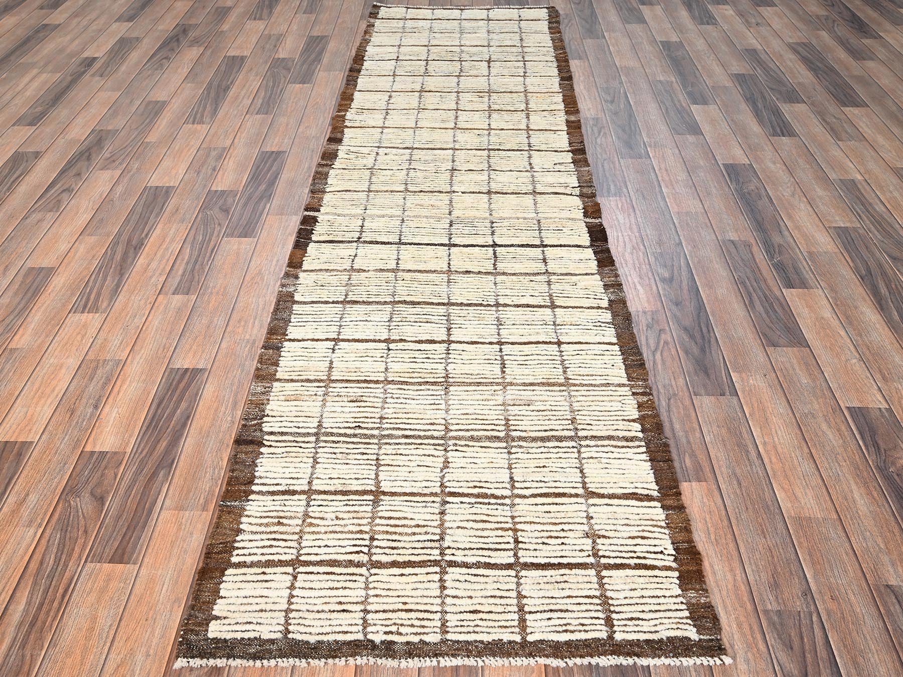 Tribal & Geometric hand-knotted wool runner in Ivory & Brown, 2'8" x 9'6" — SKU O01770 (view 2)