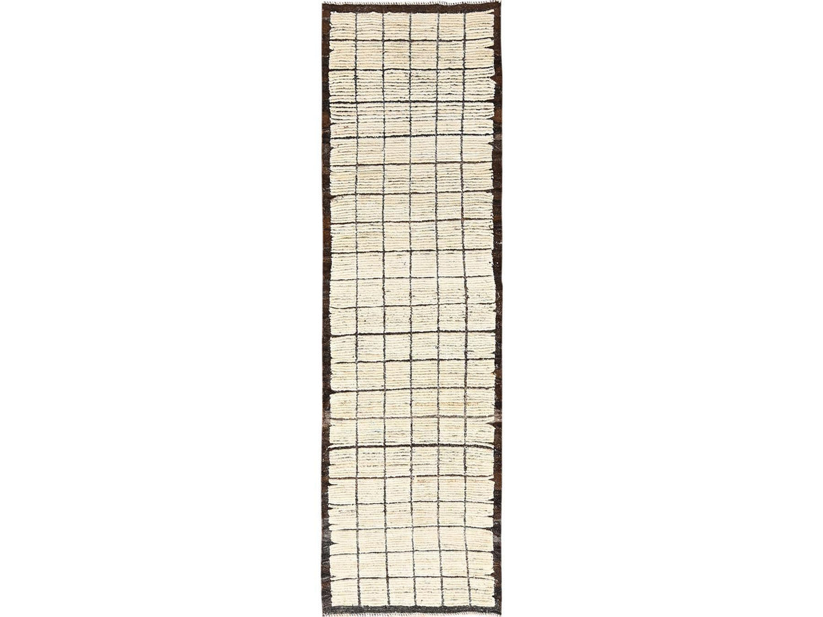 Tribal & Geometric hand-knotted wool runner in Ivory & Brown, 2'7" x 7'10" — SKU O01772