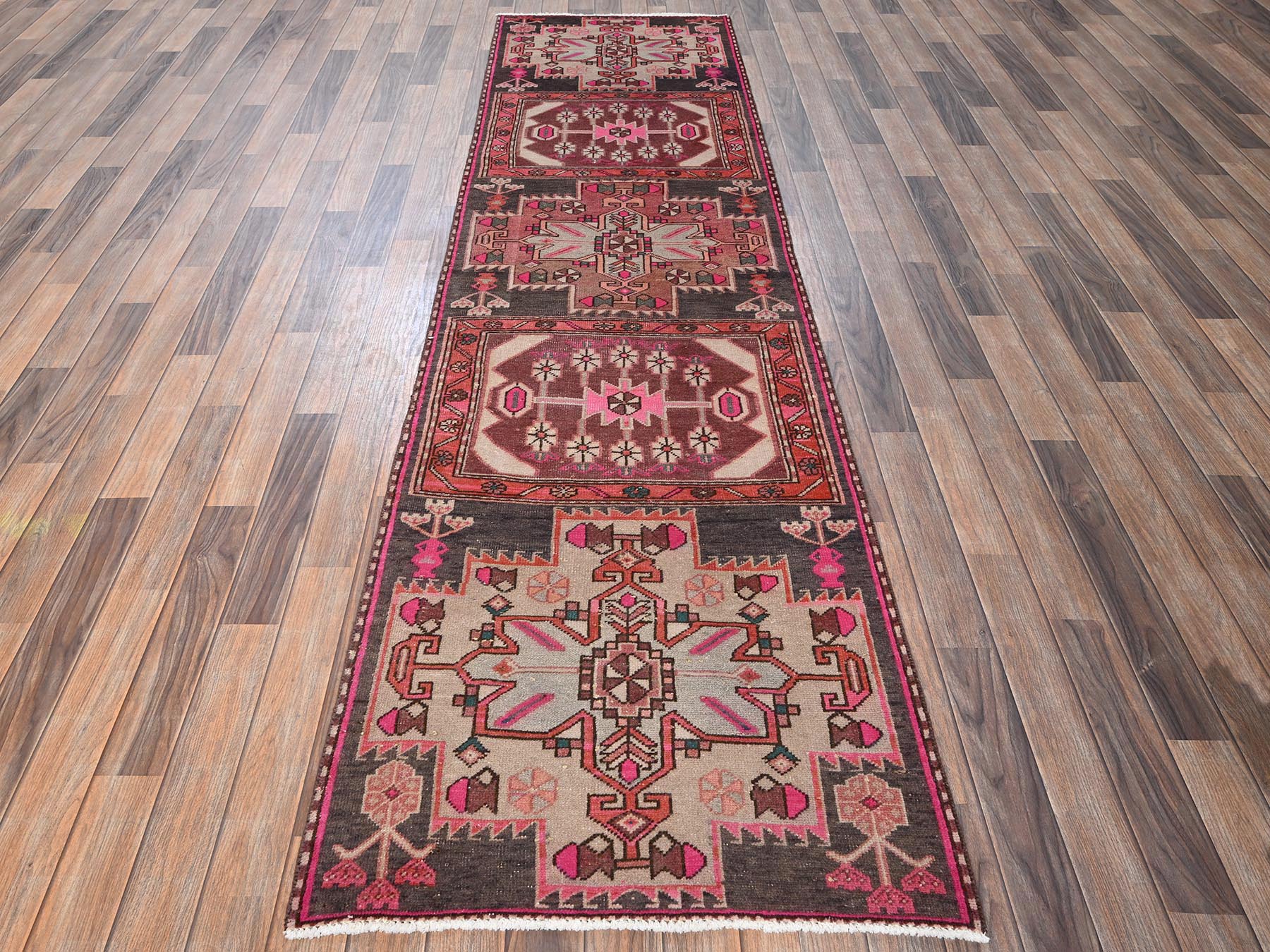 Brown 2'9" x 9'8" Vintage Hand knotted Wool Rug - Sku: O01782