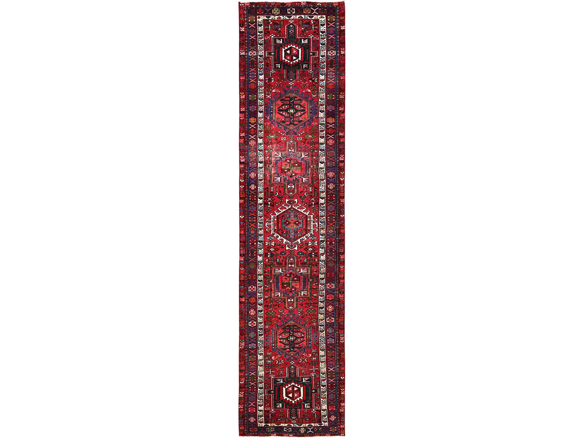Vintage hand-knotted wool runner in Red, 3' x 12'9" — SKU O01783