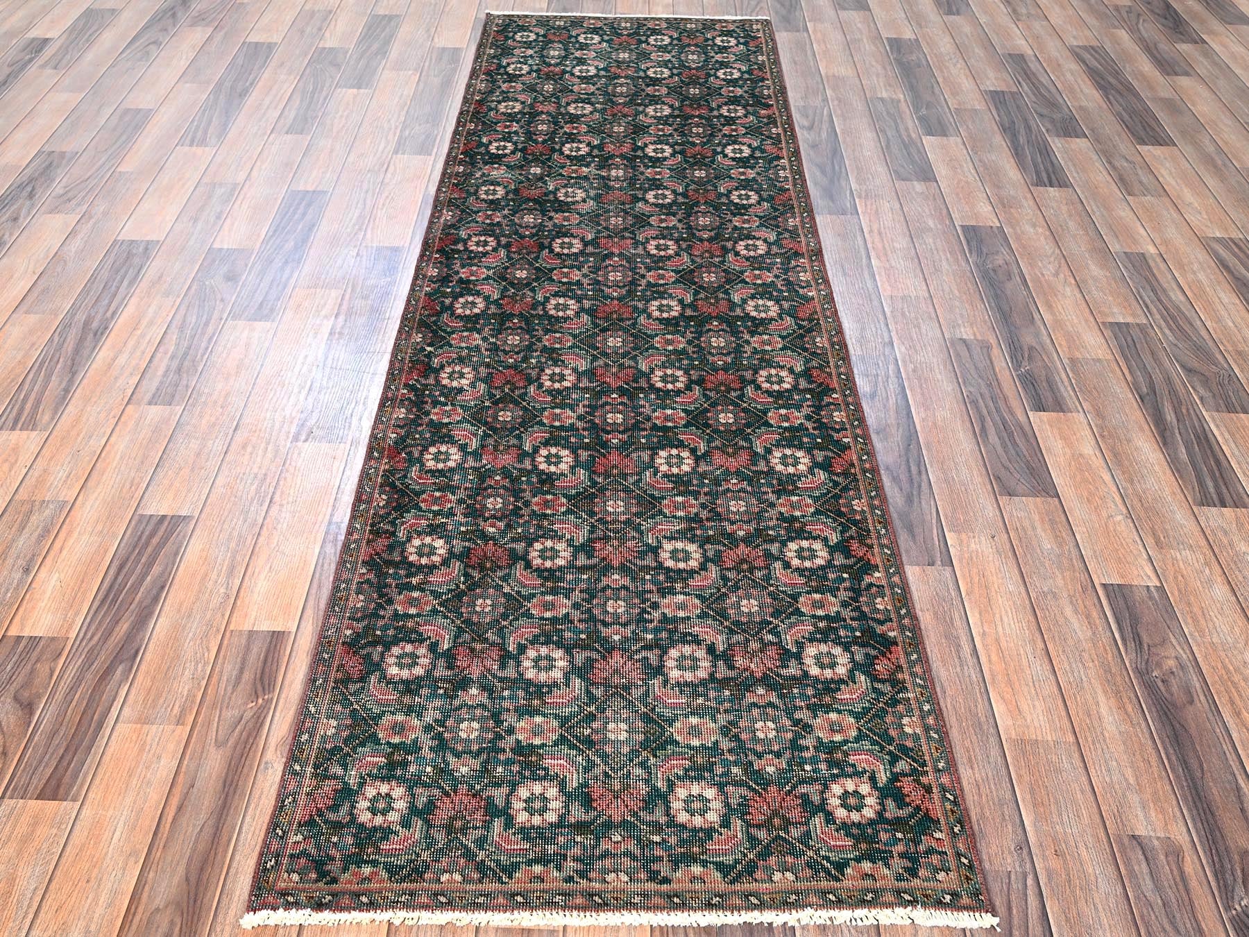 Green 2'8" x 8'5" Vintage Hand knotted Wool Rug - Sku: O01784