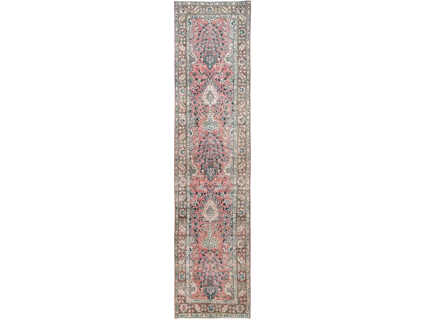 Tabriz Vintage hand-knotted wool runner in Pink & Brown, 3'1" x 13'2" — SKU O01797