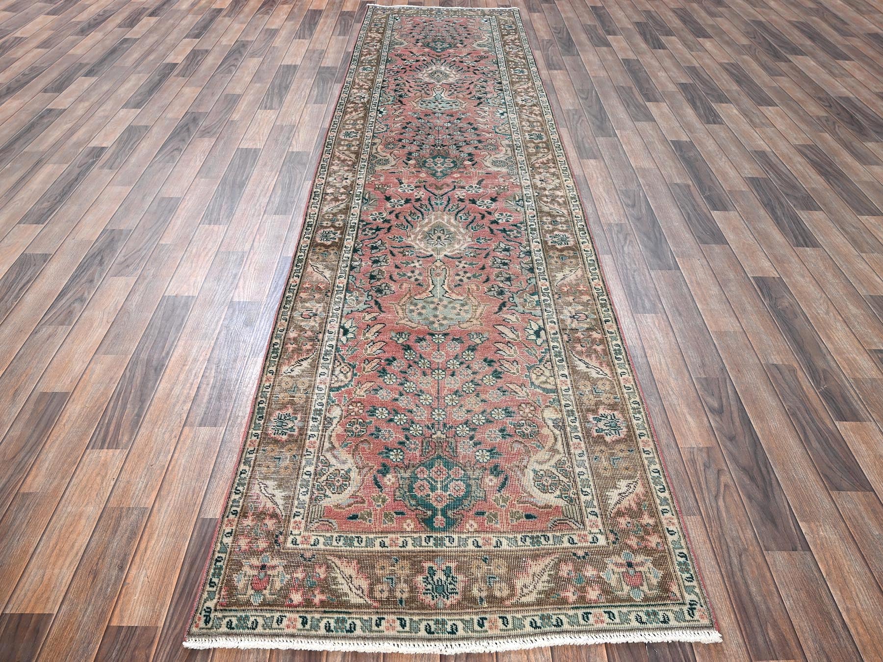 Tabriz Vintage hand-knotted wool runner in Pink & Brown, 3'1" x 13'2" — SKU O01797 (view 2)