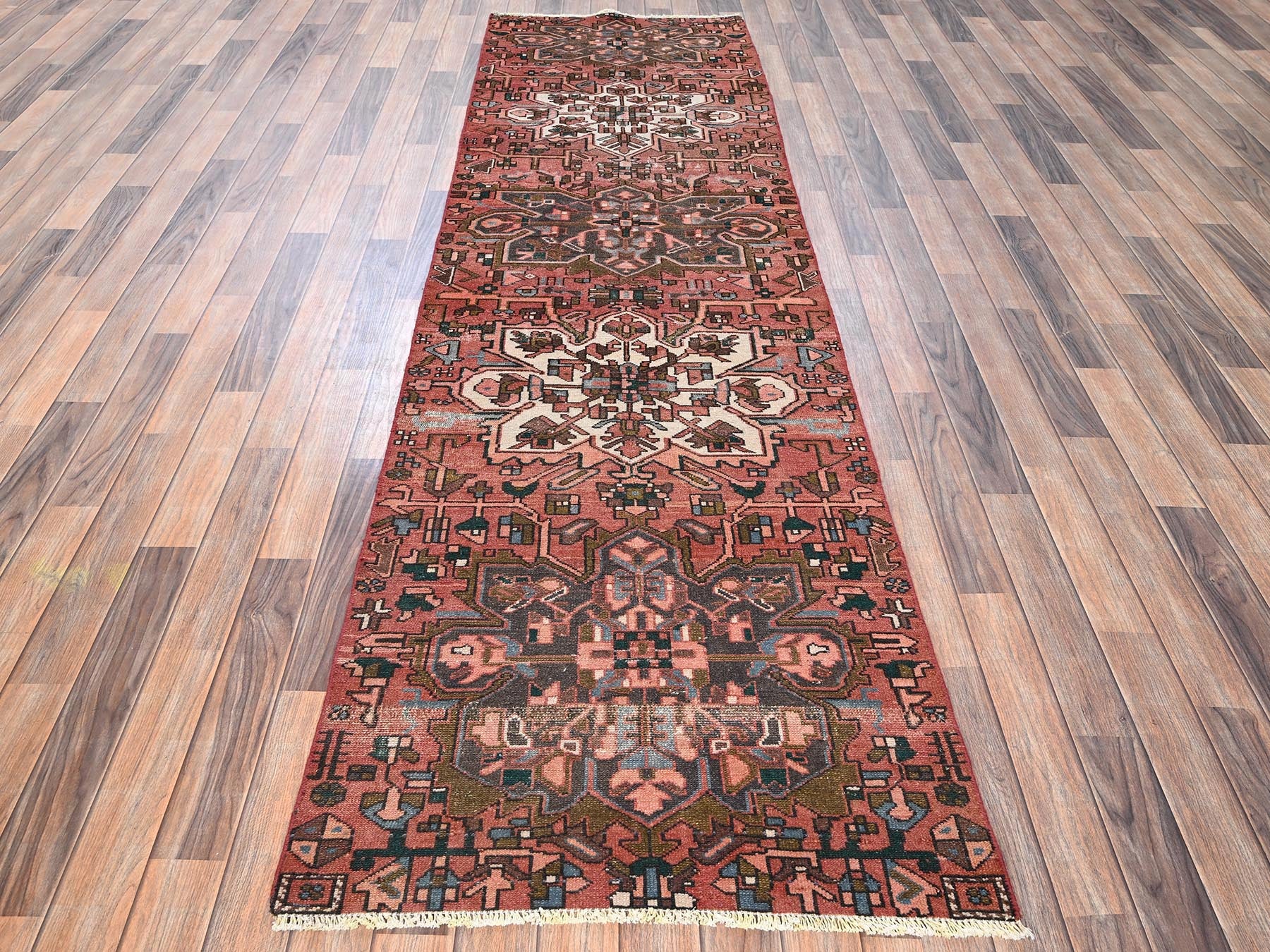 Vintage hand-knotted wool runner in Red, 2'10" x 9'9" — SKU O01800 (view 2)