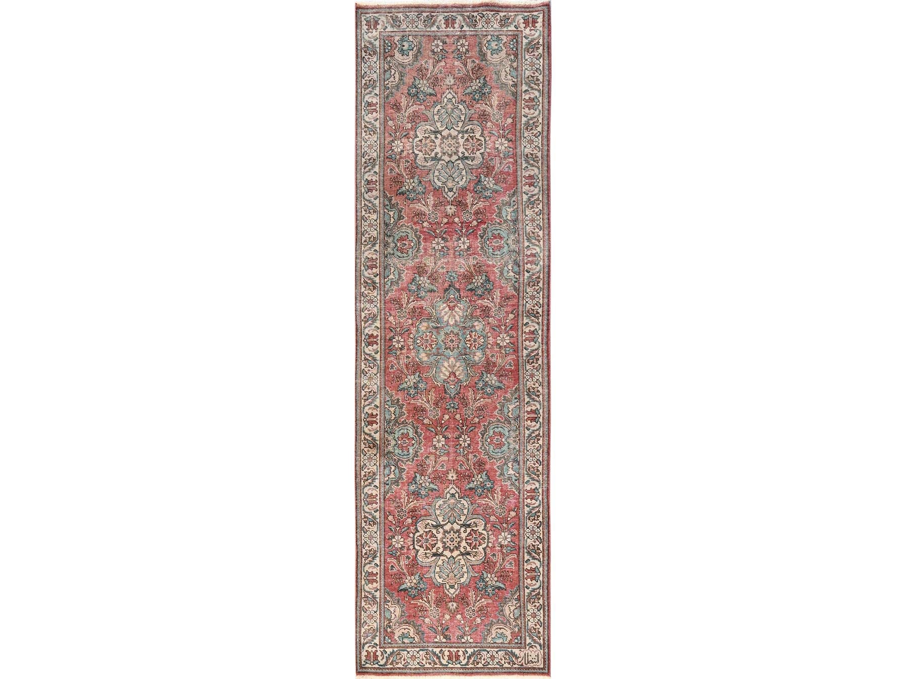 Tabriz Vintage hand-knotted wool runner in Red & Ivory, 3'2" x 10'11" — SKU O01803