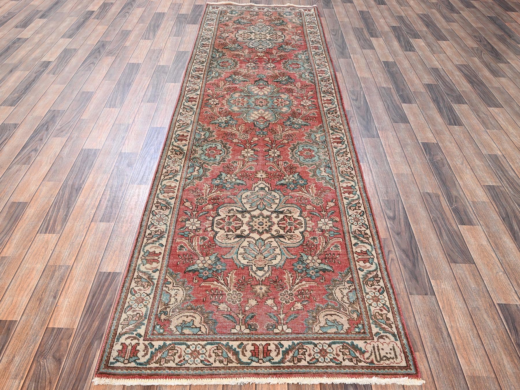 Tabriz Vintage hand-knotted wool runner in Red & Ivory, 3'2" x 10'11" — SKU O01803 (view 2)
