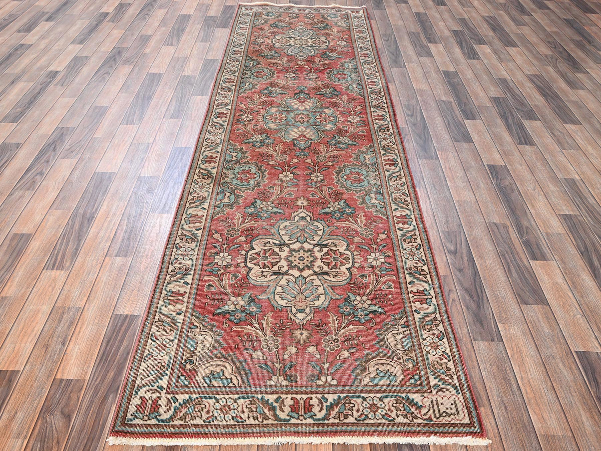 Tabriz Vintage hand-knotted wool runner in Red & Ivory, 3'2" x 10'11" — SKU O01803 (view 2)