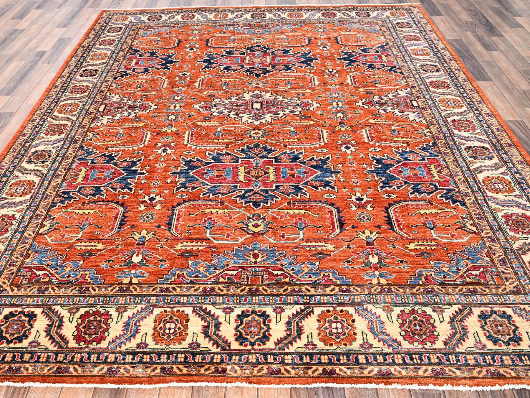 Kazak Kazak hand-knotted wool rug in Orange & Ivory, 8'3" x 9'11" — SKU O01823 (view 2)