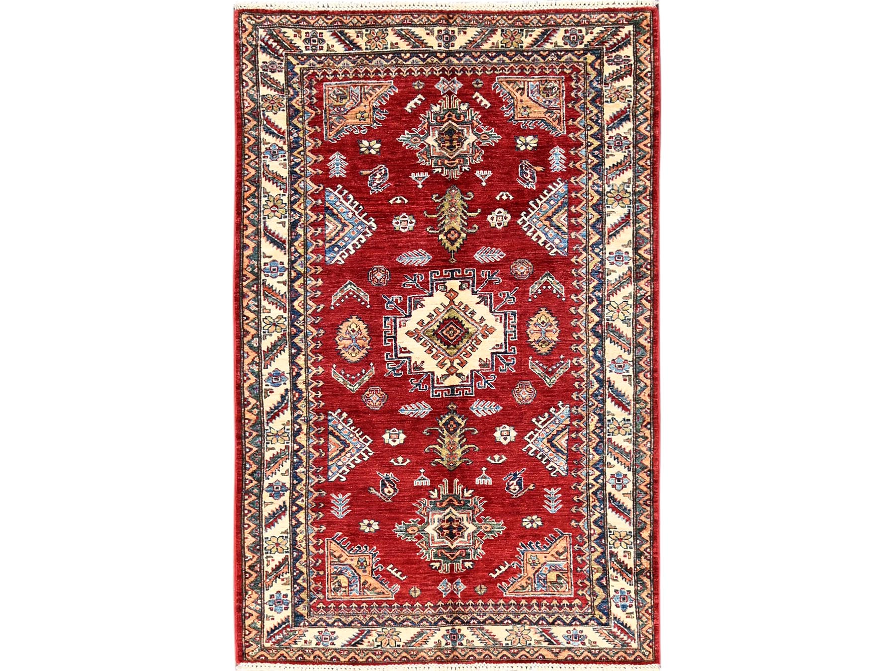 Kazak Kazak hand-knotted wool rug in Red & Ivory, 4'1" x 6'5" — SKU O01828
