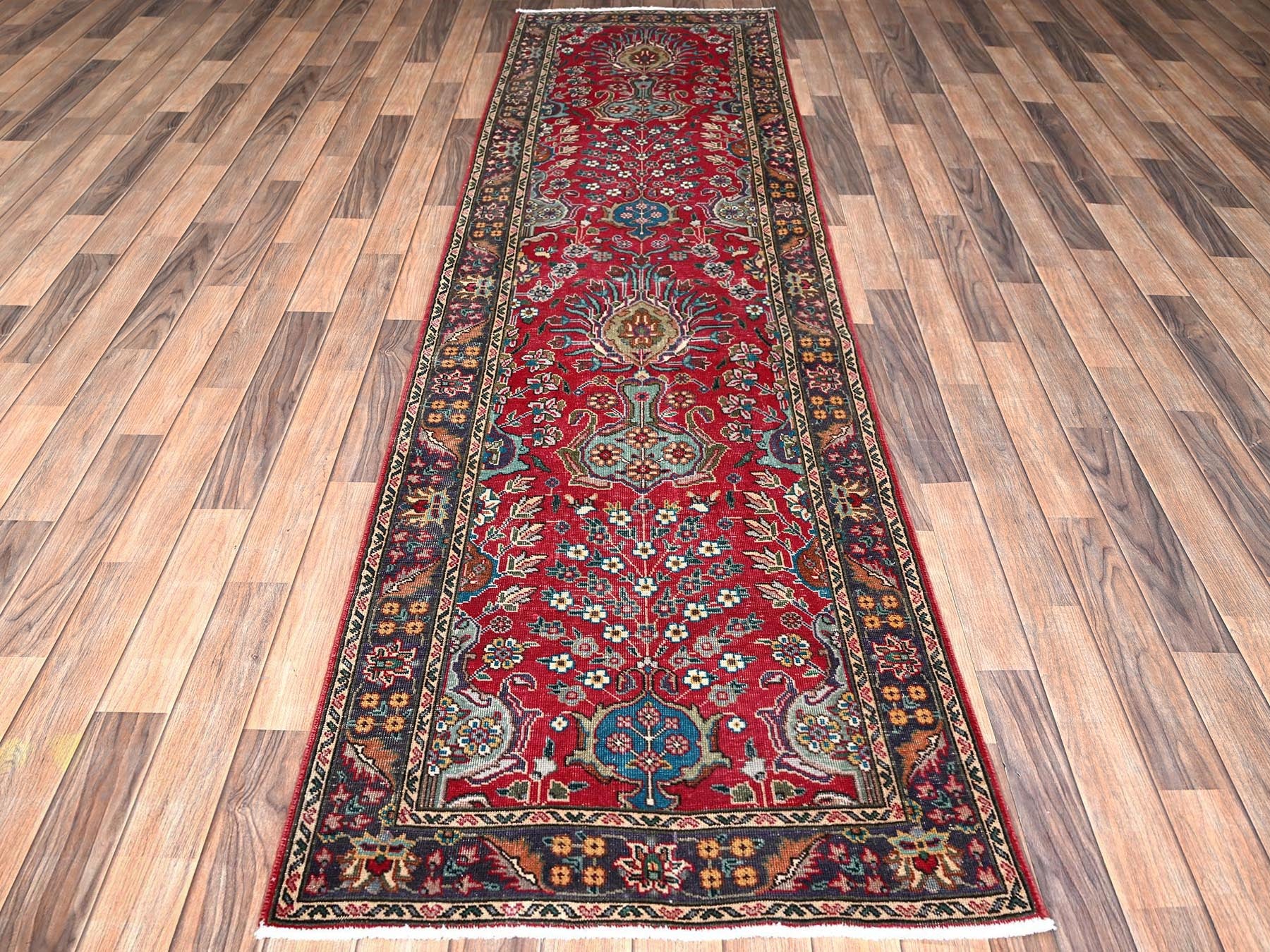 Tabriz Vintage hand-knotted wool runner in Red & Purple, 2'8" x 9'11" — SKU O01845 (view 2)